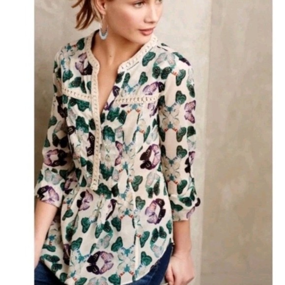 Maeve Top Size 10 Abella Butterfly Long Sleeve Sheer Pintuck Blouse Roll Tab - Picture 1 of 9